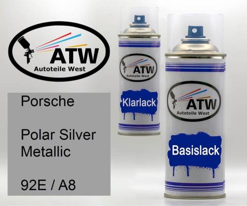Porsche, Polar Silver Metallic, 92E / A8: 400ml Sprühdose + 400ml Klarlack - Set, von ATW Autoteile West.